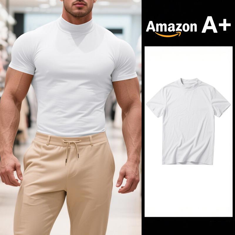 Summer New Men's Casual Semi-High Neck Slim Solid Color T-shirt - European & American Fashion.