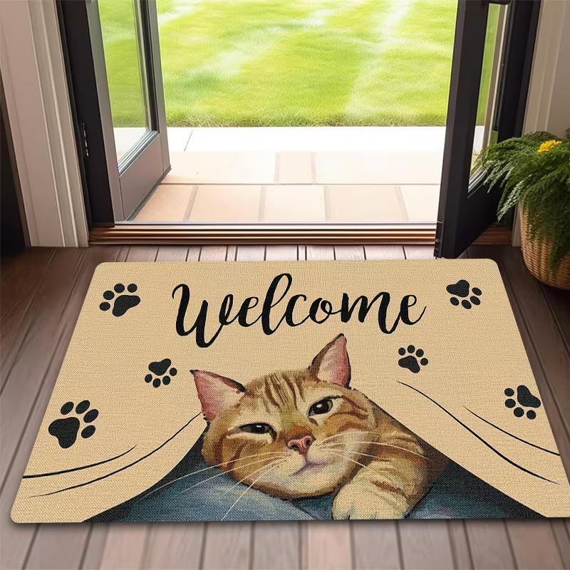 Welcome Entryway Mat Cute Orange Cat Peeking Design Anti-slip Floormat Warm Playful Indoor Home Decor Rug for Doorway Greeting