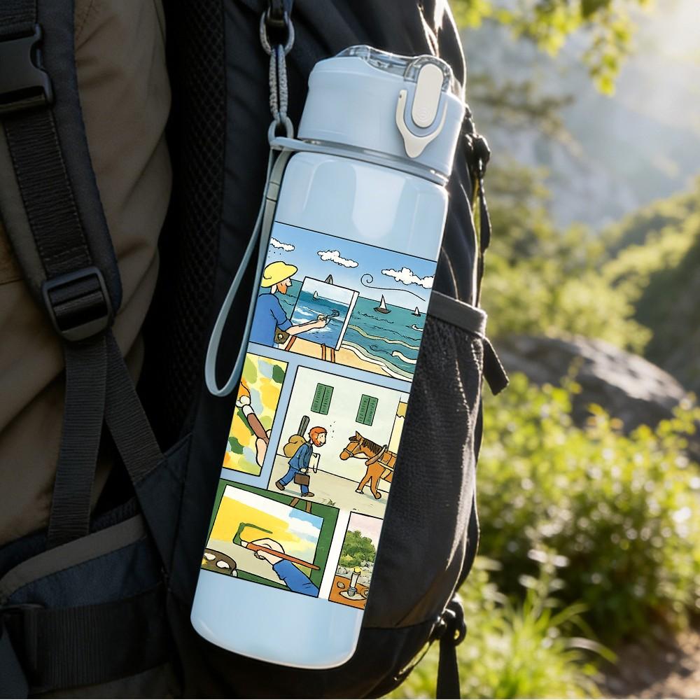 1PC Colorful Village Landscape 750ml Color Plastic Sports Water Bottle Leakproof Flip Straw Lid Suitable for Sports Office Home Use