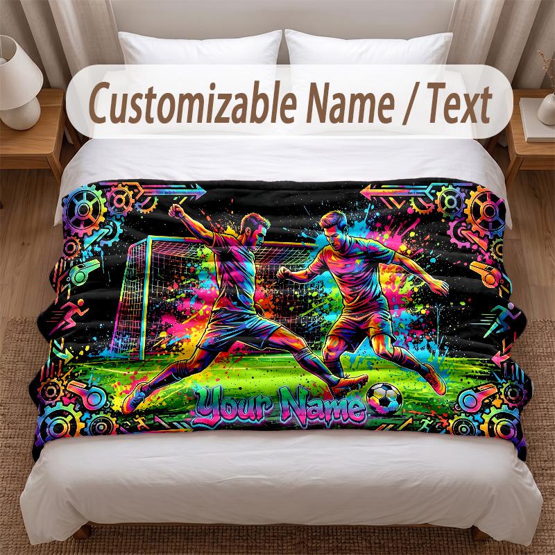 Soccer Theme Soft Blanket Personalized Custom Name Text Print Warm Blanket Home Sofa Bedroom Decor
