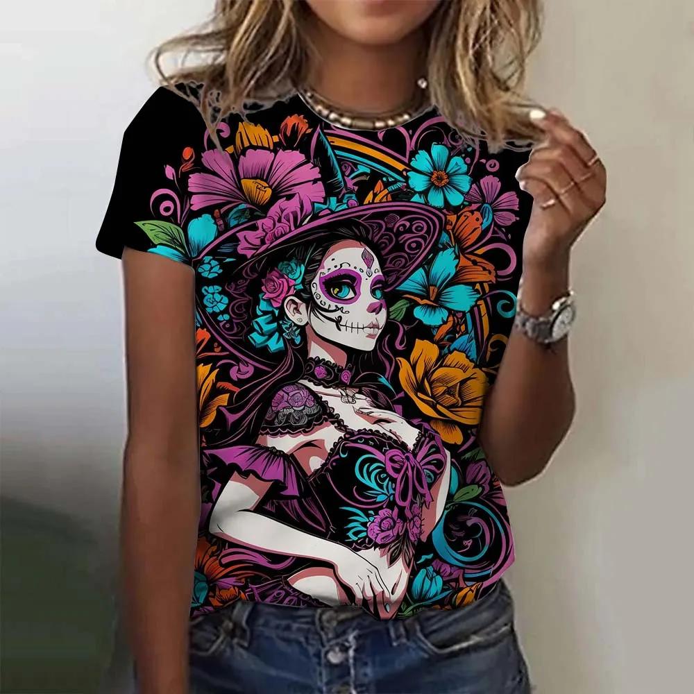 Girls' short sleeve women's T-shirt, casual sexy summer Day of the Dead skeleton pattern loose top.