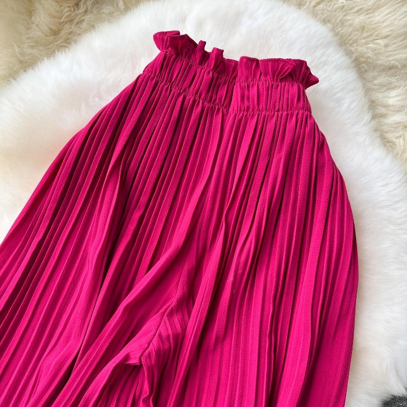 Bandaj Temelleri Rahat Pantolon Kadın Yaz Boy Dökümlü Geniş Bacaklar Pantolon Yüksek Bel Katı Uzun Pilili Pantolon