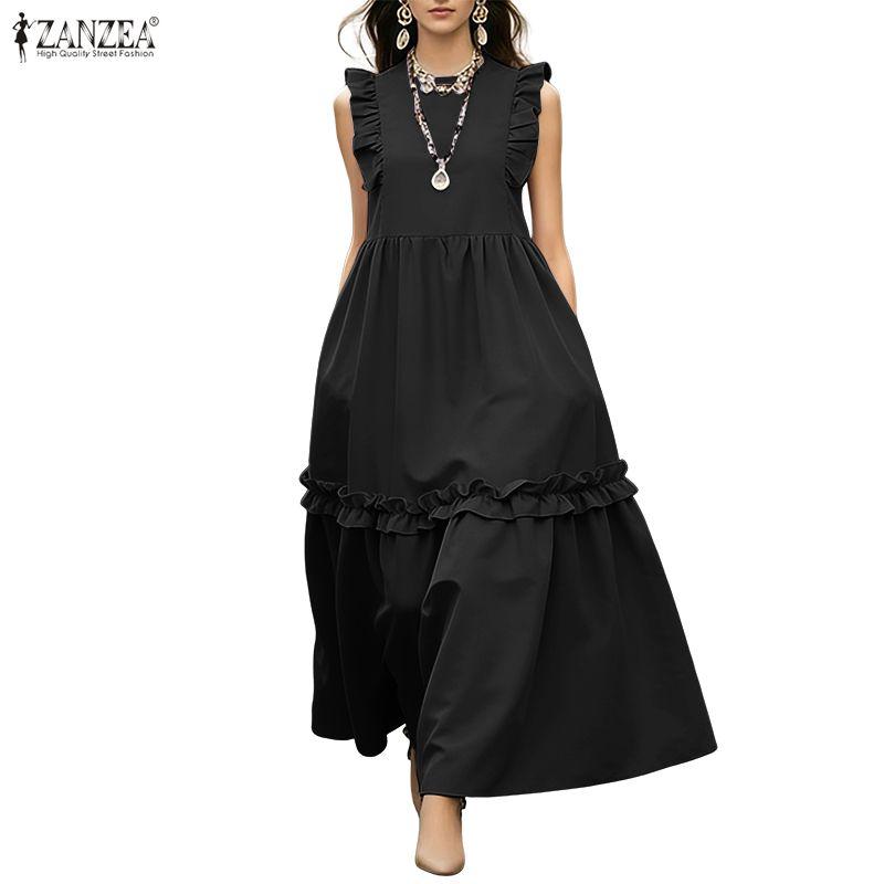 ZANZEA Women Casual Round Neck Sleeveless Long Dress