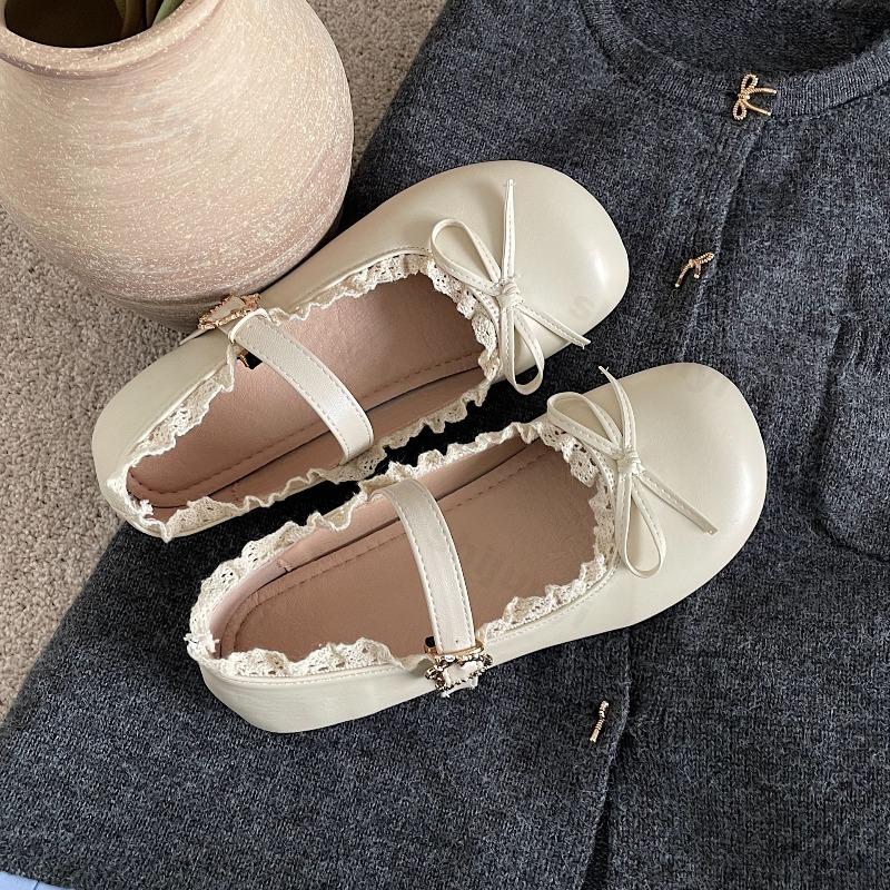 Women's Flat Shoes Vintage Round Toe Elegant Bow Lace Ruffled Ballet Shallow Flats Fashion Comfortable Soft Mary Jane Shoes