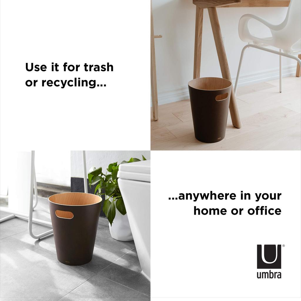 Umbra Woodrow Lidless Wooden Trash Natural Solid Stylish Light Espresso Can, Round, Pail, Can, Dustbin, Bentwood, Wood, Design, 7.5L,