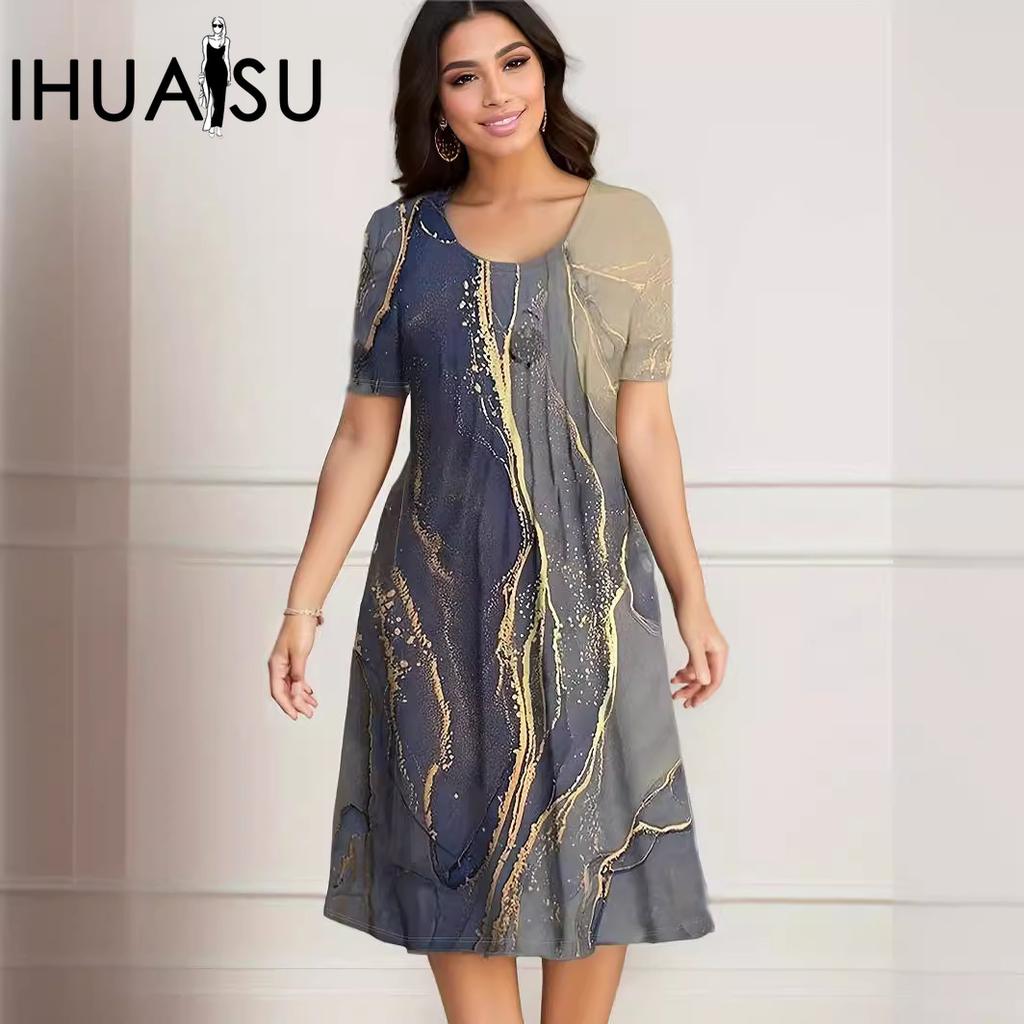 IHUASU Plus-size Women's Spring Summer Print Short Sleeve Middle Waistline O-Neck Dress Women