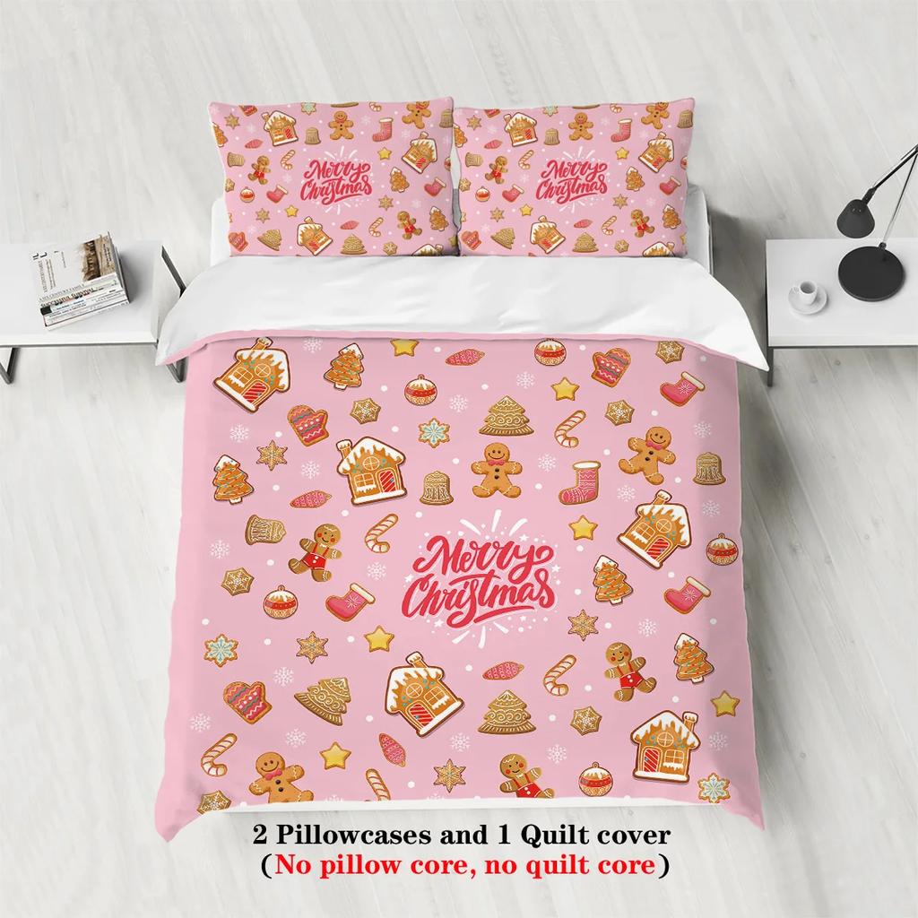 3-piece set of Christmas pink gingerbread man pattern print (1 duvet cover+2 pillowcases, no core) comfortable bedding set