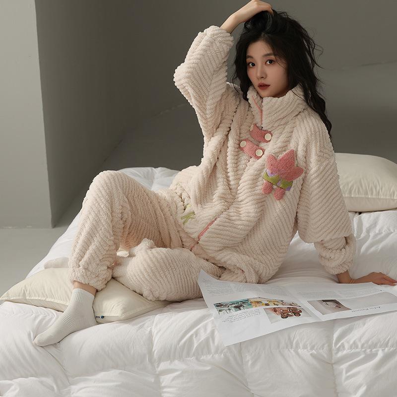 

Коралловая бархатная пижама женская осень-зима кашемир и плотный женский теплый комплект домашней одежды можно носить на улице пижамы 3XL