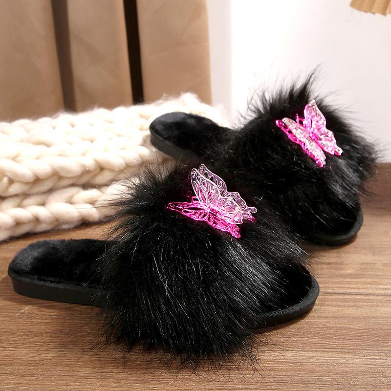 Fashion Lovely Butterfly Detor Cotton Slippers Women Soft Faux Furry Plush Slippers Woman Winter Open Toe Slip On Fur Slides Female