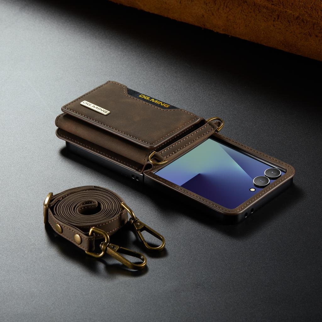 Crossbody Auto Leather Phone Case for Samsung Galaxy Z Flip 7 Flip6 5 4 3 Long Strap Metal Button Card Slot Wallet Stand Cover