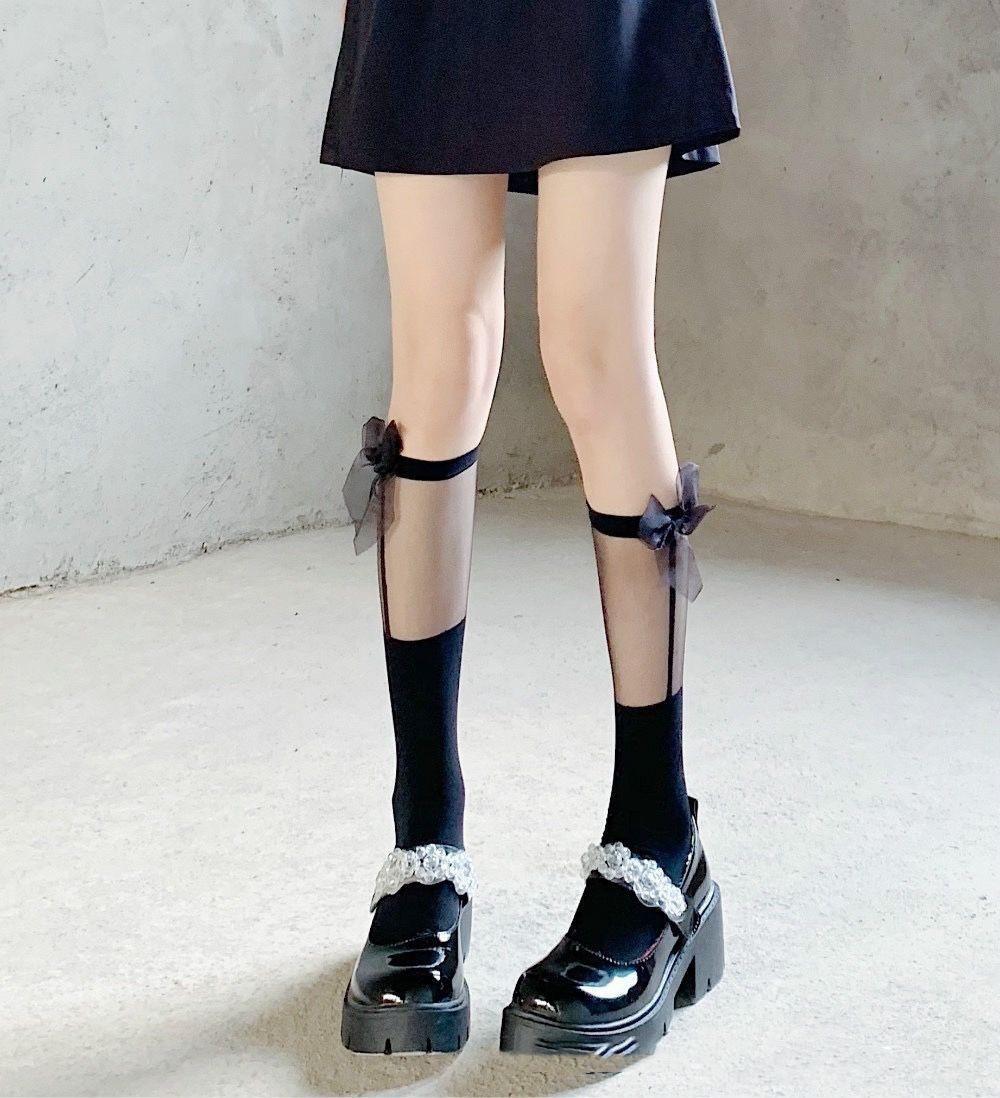 

Solid Color Japanese Style Mid-Calf Sock –Thin Lace Trimmed Butterfly Bow Ankle Socks for Girls, Cute JK Style Breathable Tights One Size