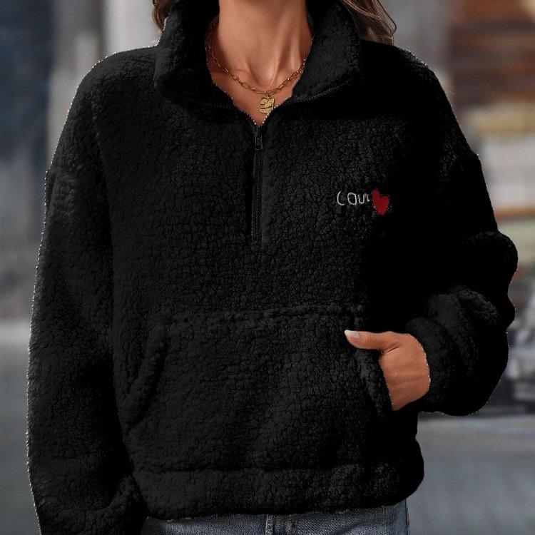 Warmes flauschiges Damen-Fleece-Oversize-Sweatshirt Winter Sherpa Pullover Langarm Viertelreißverschluss mit Tasche Bequem Lässig