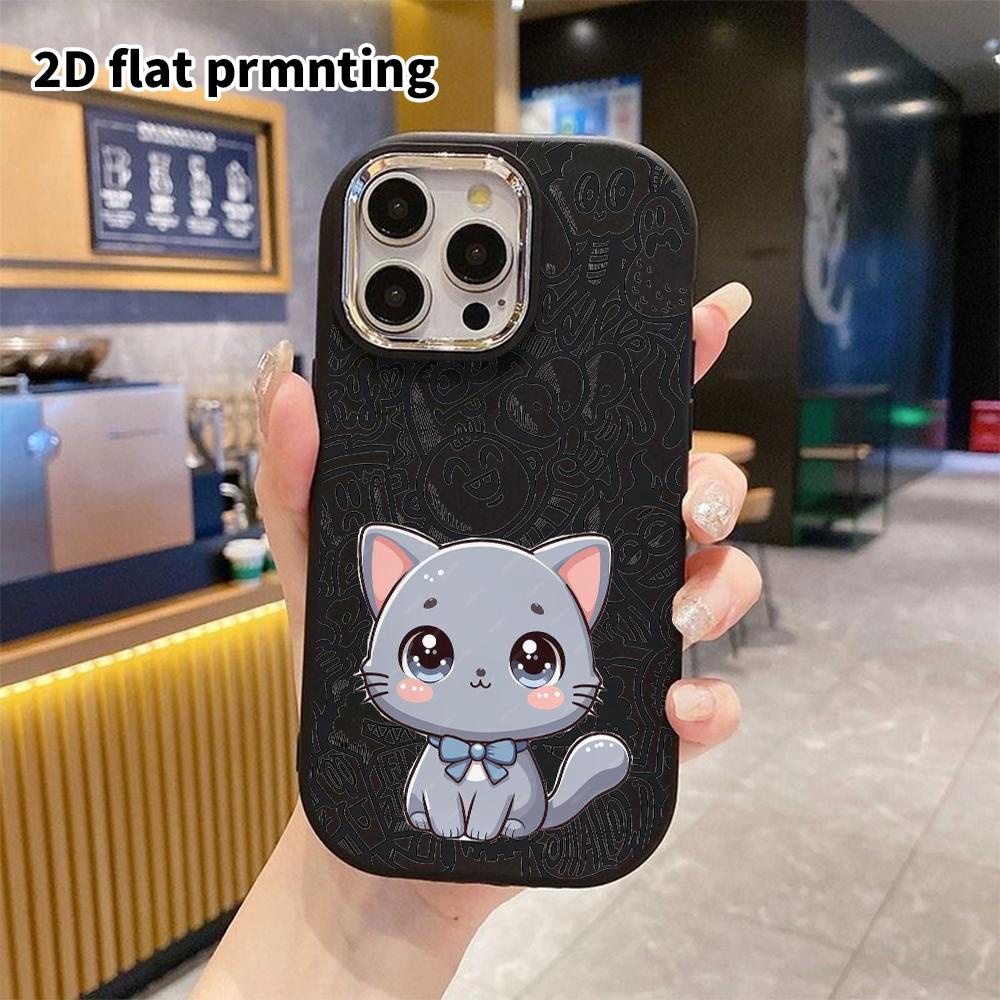 Phone Case: 2D Flat Design Suitable for iPhone 18 17 16 15 14 13 Pro Protective Case, Couple Style, Blue Bow Gray Cat, Christmas and Halloween Gifts