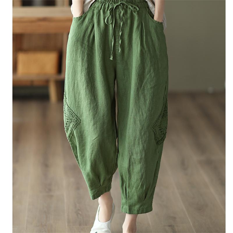 

DIMANAF Большие размеры 2022, новые женские льняные шаровары, летние эластичные винтажные кружевные однотонные свободные длинные брюки L зелёный