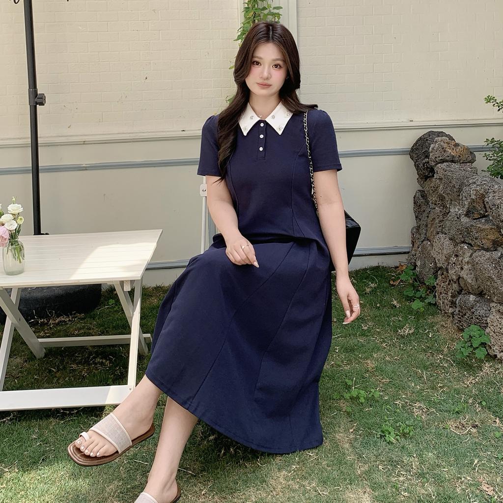 College Style Age-reducing Polo Collar Dress 2026 Summer Large Size Women's Clothing Waist and Thin Long Short Skirt 234421