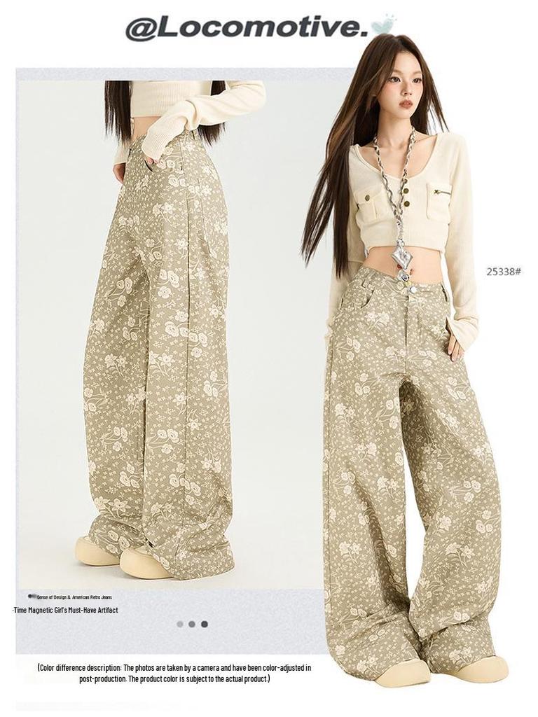 Women's 2025 Autumn Floral Wide-Leg Jeans - Loose, Draped, Lazy Style, Straight Leg