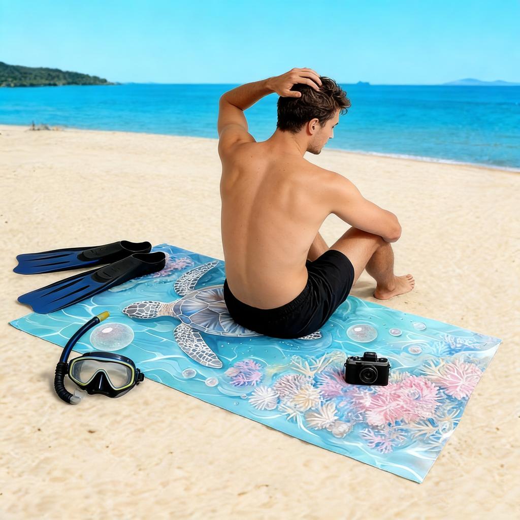 Ocean Turtle Beach Towel Watercolor Coral Print Quick Bath Towel Microfiber Absorbent Towel for Summer Beach Vacation Swimming