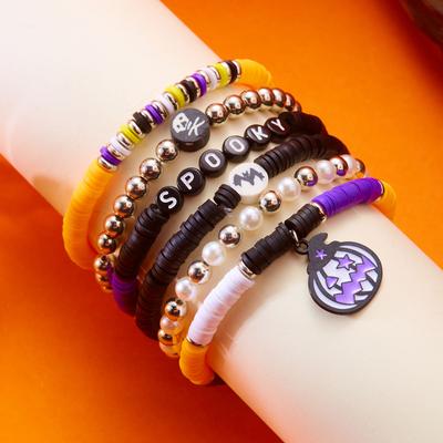 Halloween Gothic Skull Bat Bracelets for Women Handmade Polymer Clay Beaded Pumpkin Pendant Bracelet Party Jewelry Accessories