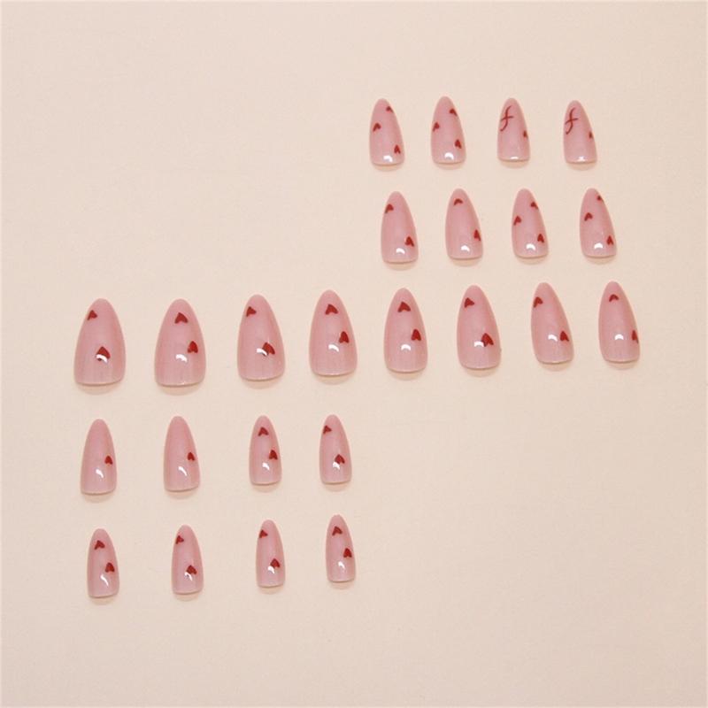 24 Pcs Valentines Day Press On Nail Glossy False Nail Heart Artificial Nail Almond Shape Full Cover Stick on Nail