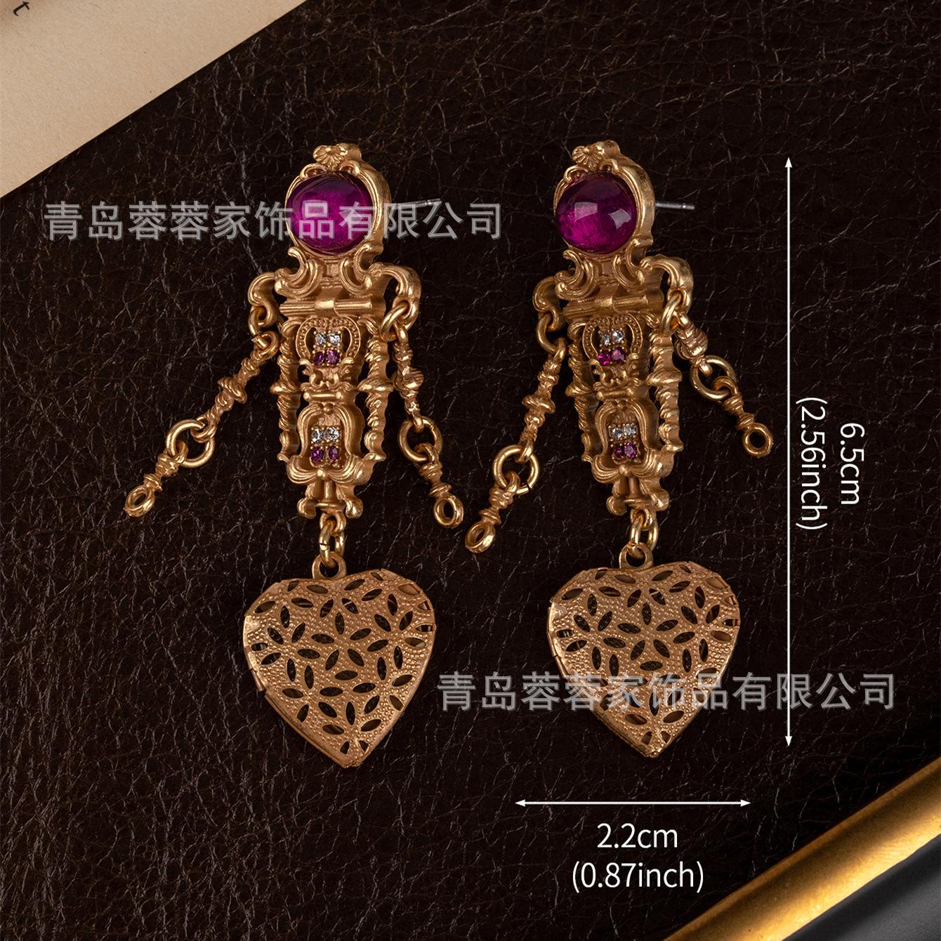 Medieval Court Style Enamel Gold Earrings With Hollowed Out Brushed Heart-shaped Design Women A Niche Feel High-end