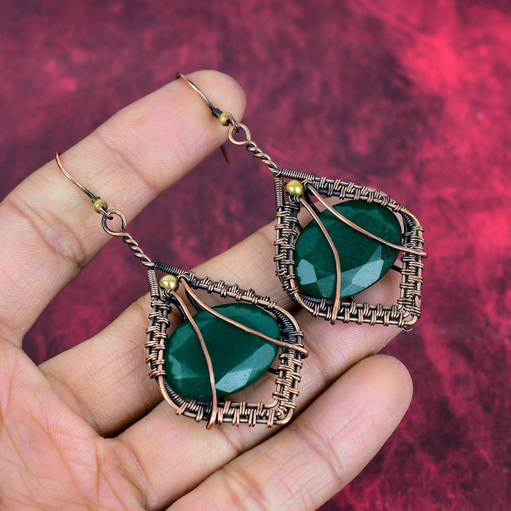 Faceted zambian emerald earring copper wire wrapped jewelry gemstone earring copper earring anniversary gifts handmade jewelry drop earrings