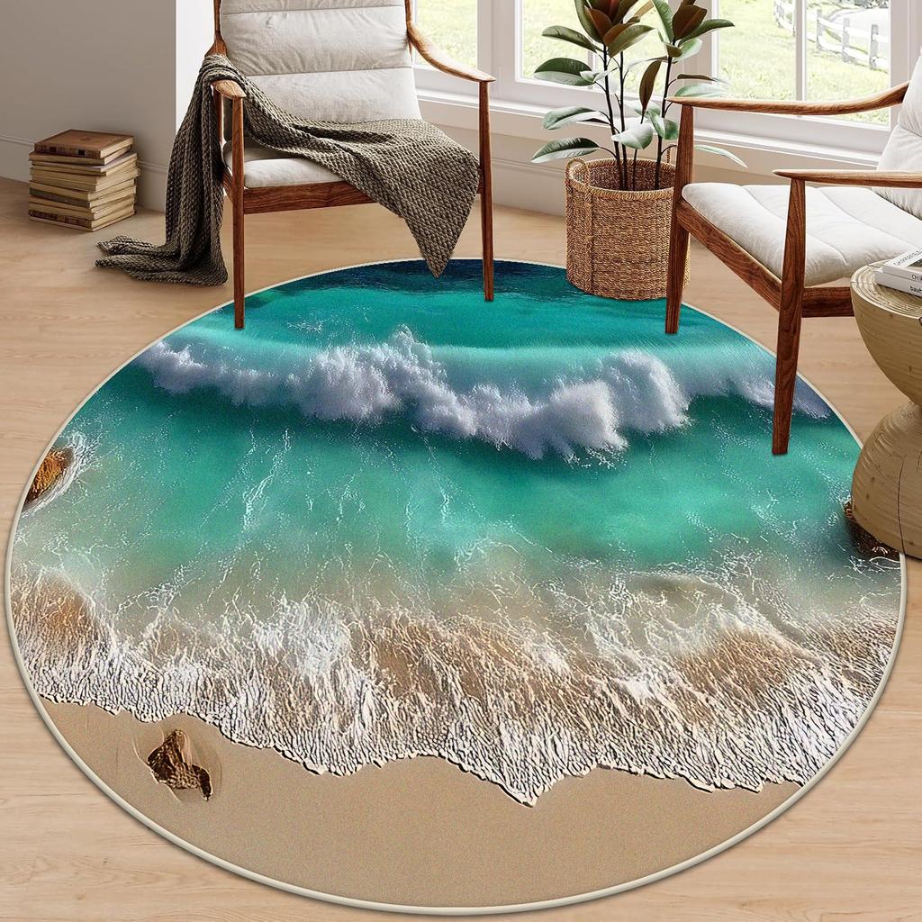 3D Beach Round Carpet Living Room Decoraiton Modern Light Luxury Large Room Lounge Rug Bedroom Decor Soft Fluffy Study Chair Mat
