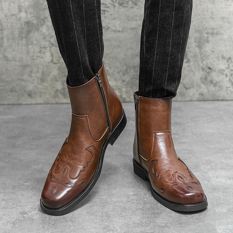 High Quality Casual Leather Boots Men Western Cowboy Leather Shoes Male Fashion Men's High Top British Outdoor Boots Shoes Male