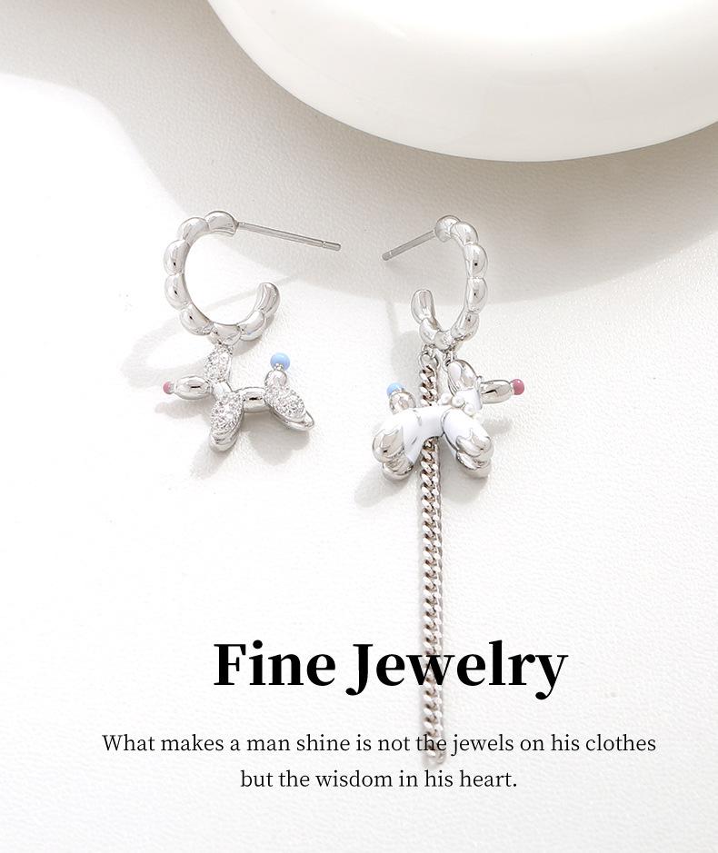 Charming White Puppy C-Shaped Tassel Dangle Earrings - 925 Sterling Silver for Women