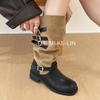 Korean British style women's long boots, belt buckle color matching pile boots, medium tube knight Martin boots, but knee-thin boots