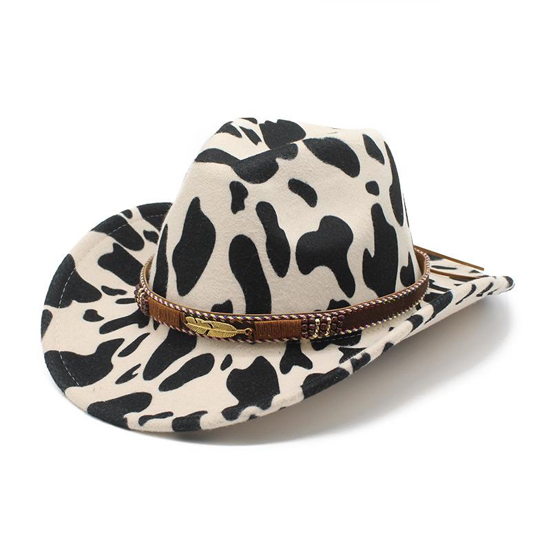 Retro Ethnic Style Wool Cow Pattern Big Eaves Wide Edge Protection Warm Western Cowboy Top Hat Men'S And Women'S Style