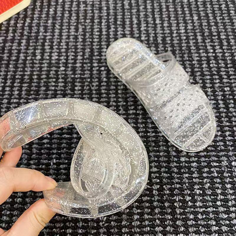 Women's Transparent Crystal Flat Sole Slippers Summer New Open Toe Soft Sole Non Slip Anti Odor Home Slippers Bathroom Slippers