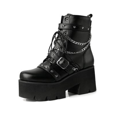 Jesienne i zimowe nowe damskie buty w stylu brytyjskim z kwadratowym noskiem, skórzane, na wysokim obcasie, dopasowane, grube dno, łańcuszek, lokomotywa