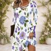Women White Floral Leaf Printed Criss Cross V Neck Long Sleeve Fitted Curved Hem Dress