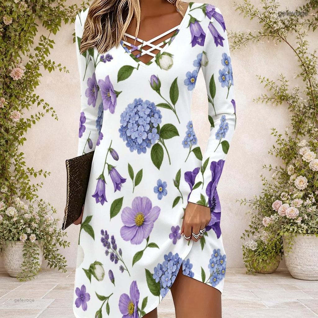 Women White Floral Leaf Printed Criss Cross V Neck Long Sleeve Fitted Curved Hem Dress