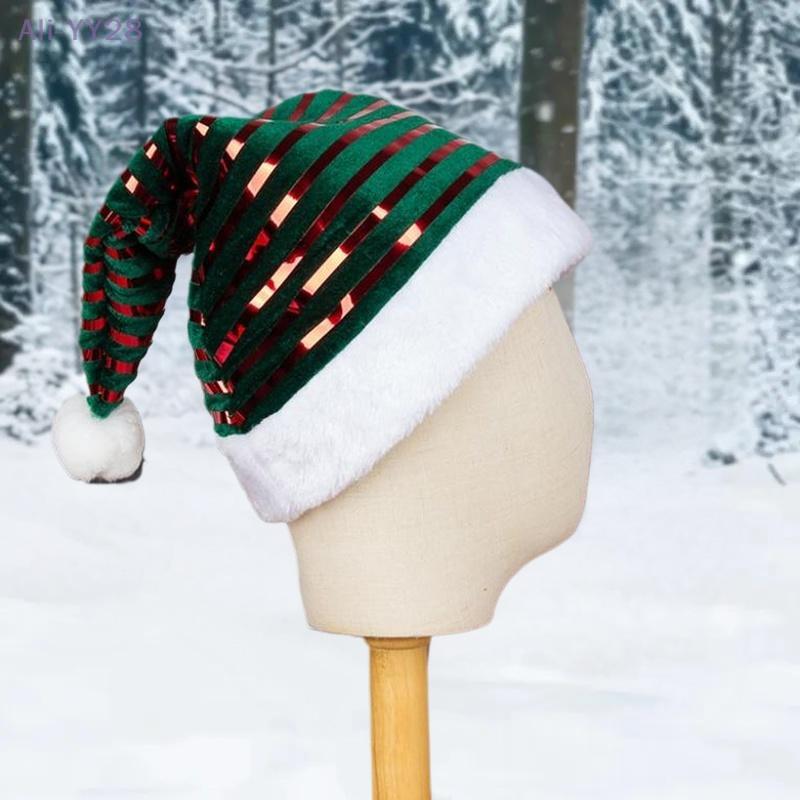 {HMA74} Green Red Stripe Velvet Christmas Hat Shiny Santa Hat Festive Party Cap for Adults Kids Festive Headwear Xmas Costume