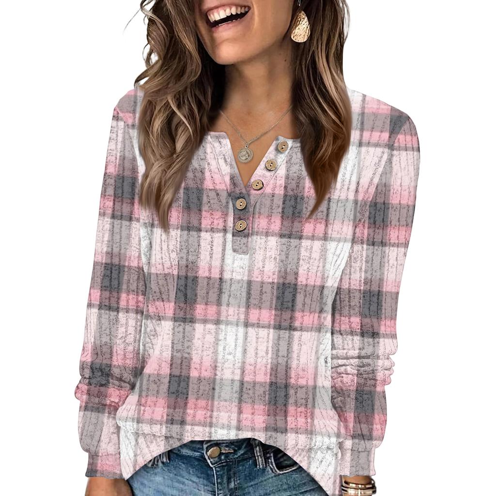 Women's Fashion V-Neck Button-Up T-Shirt With Check Print Long Sleeves