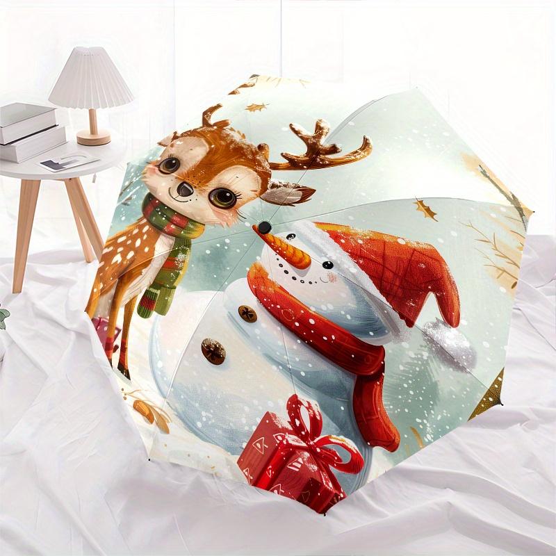 Deer,Snowman Automatic Folding Umbrella 8 rib Lightweight Design, Durable Iron Frame, Compact and Portable, Perfect Gift for Birthday, Chr