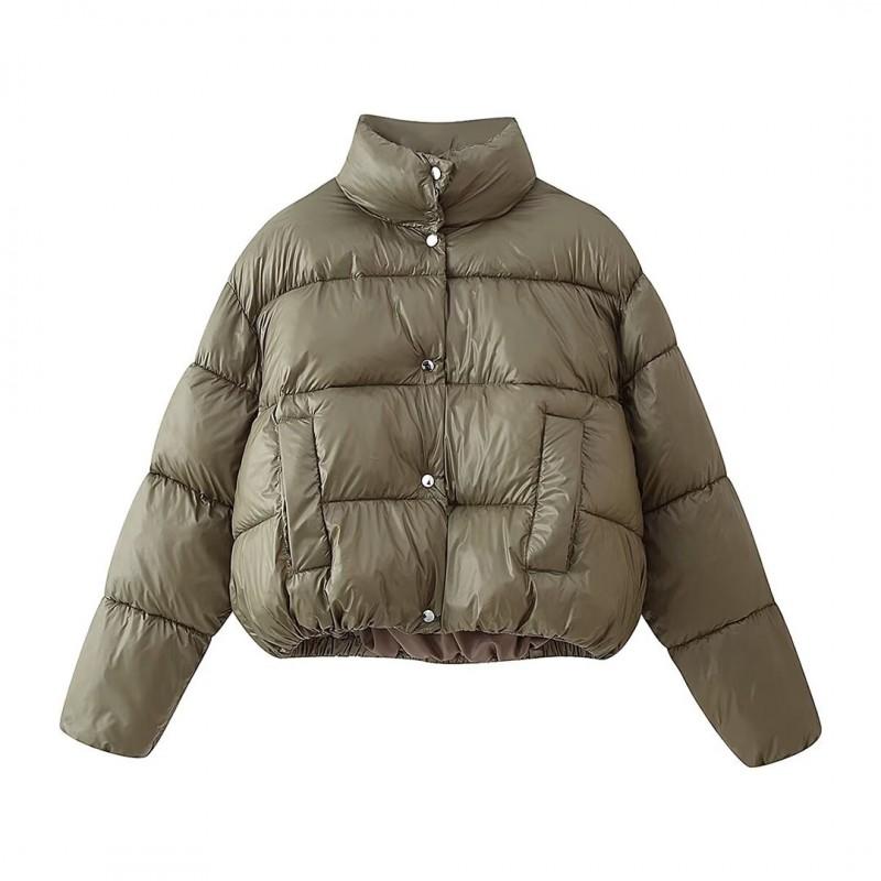 Womens Winter Short Cotton Jacket Minimalist Fashion Versatile Button-Up Stand Collar Daily Commute