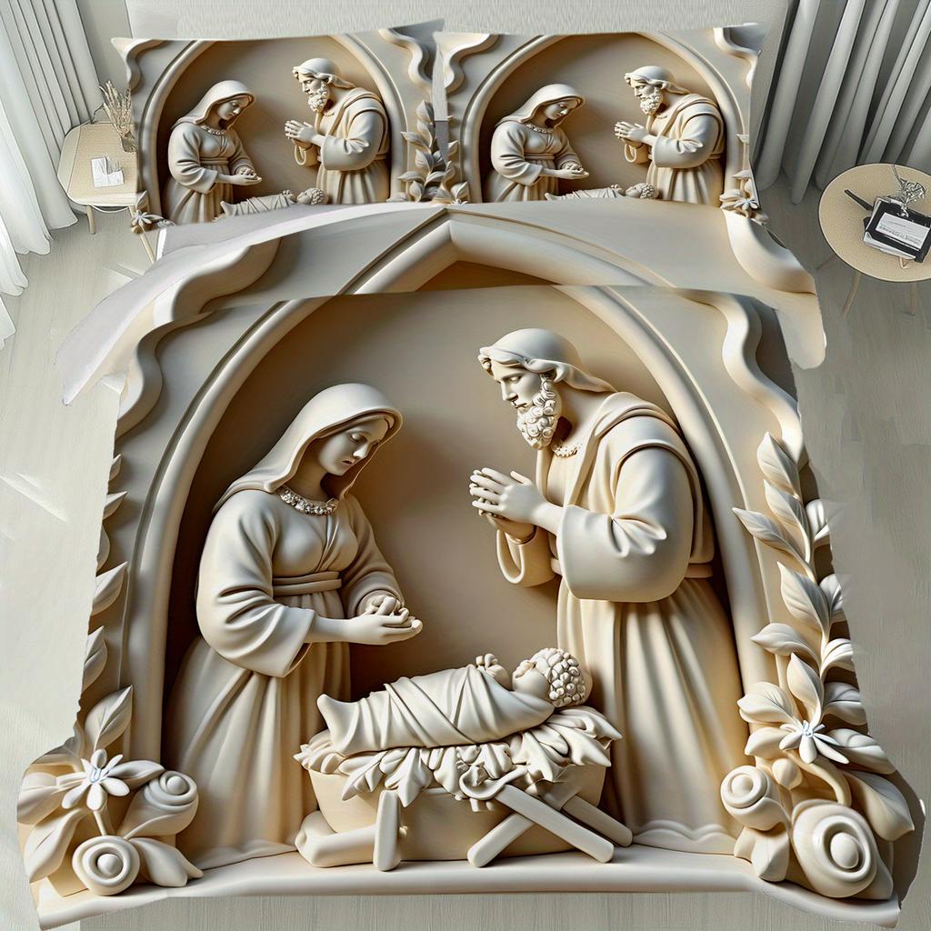 Latacaca 3pcs Nativity Scene Duvet Cover Set, Holy Family Marble Relief Artwork Design, Classic Christian Iconic Style,