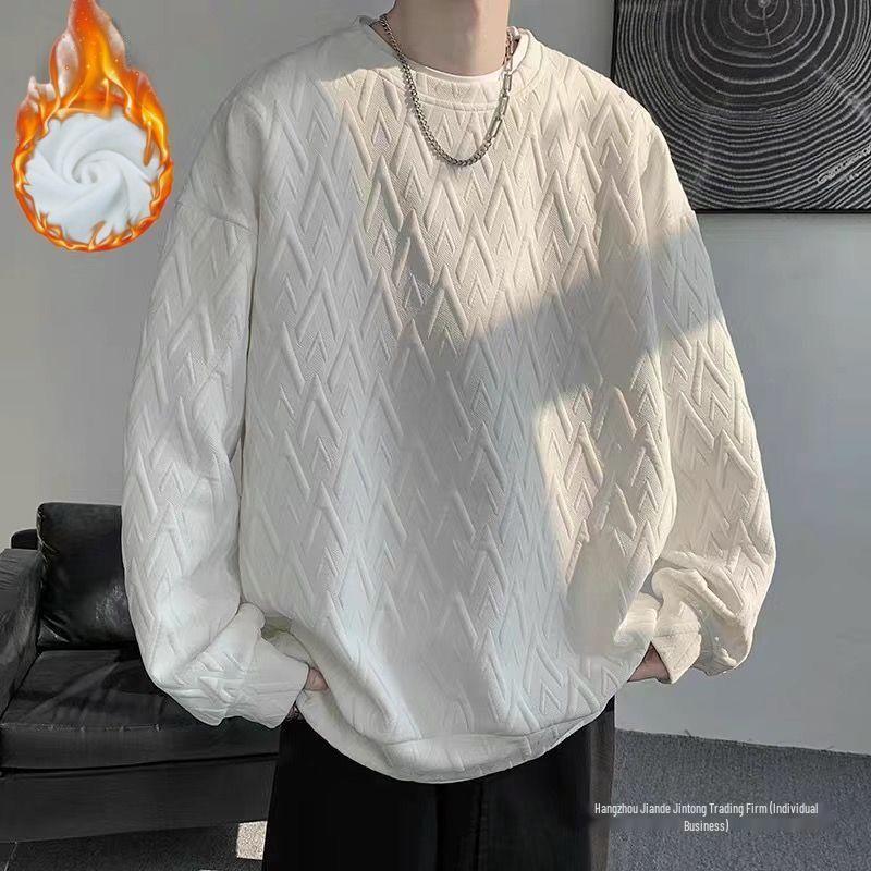 EYWY Men's Plus Size Thick White Hoodie with Velvet, Autumn/Winter Trendy American Style, Youth Round Neck Jacket