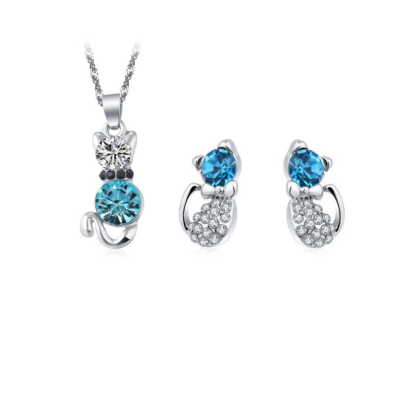 Good Cat Crystal Stud Earrings Necklace Set