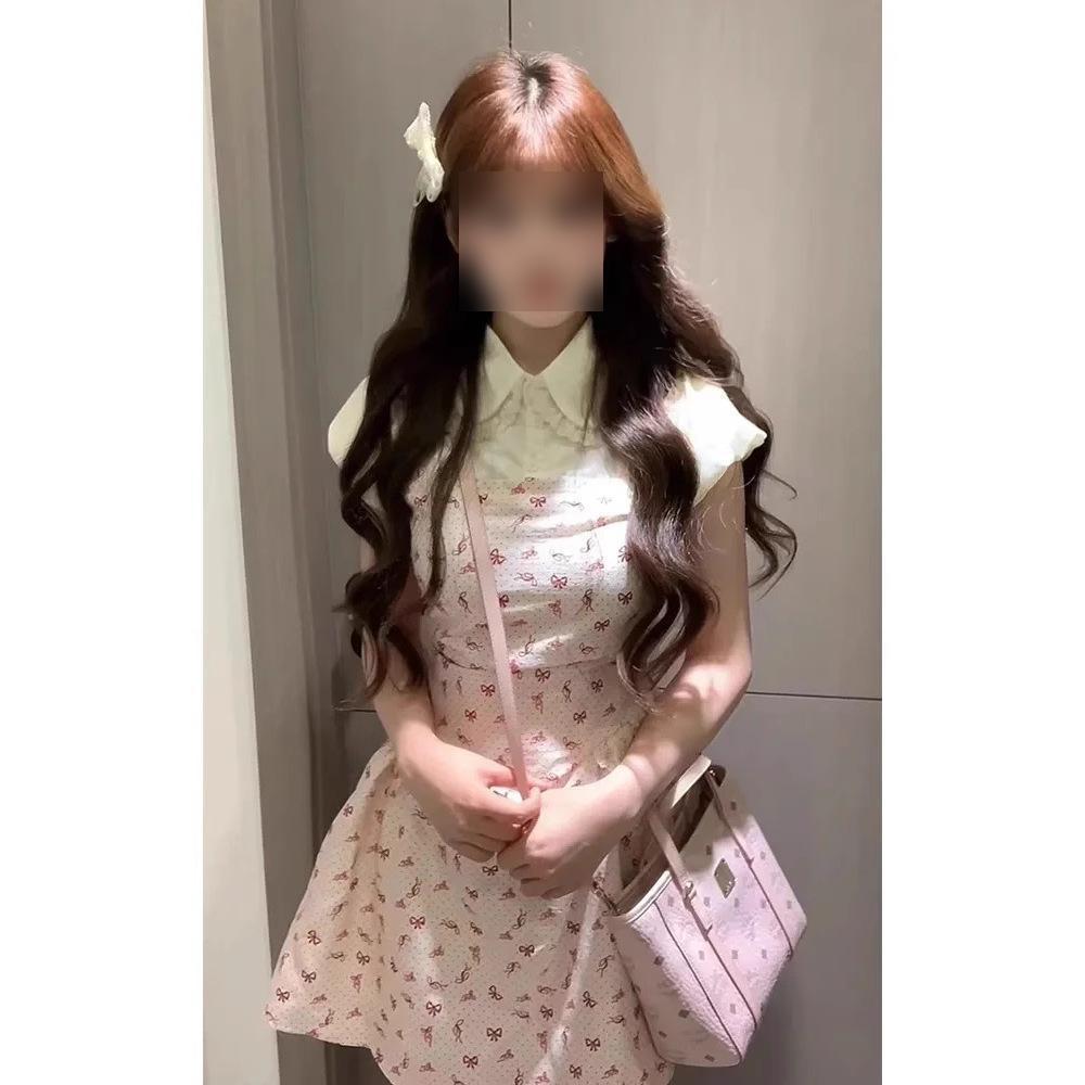 Korean Version of Sweet College Style Cute Doll Collar Fake Two Floral Dress Women's Spring Waist Thin Princess Dress