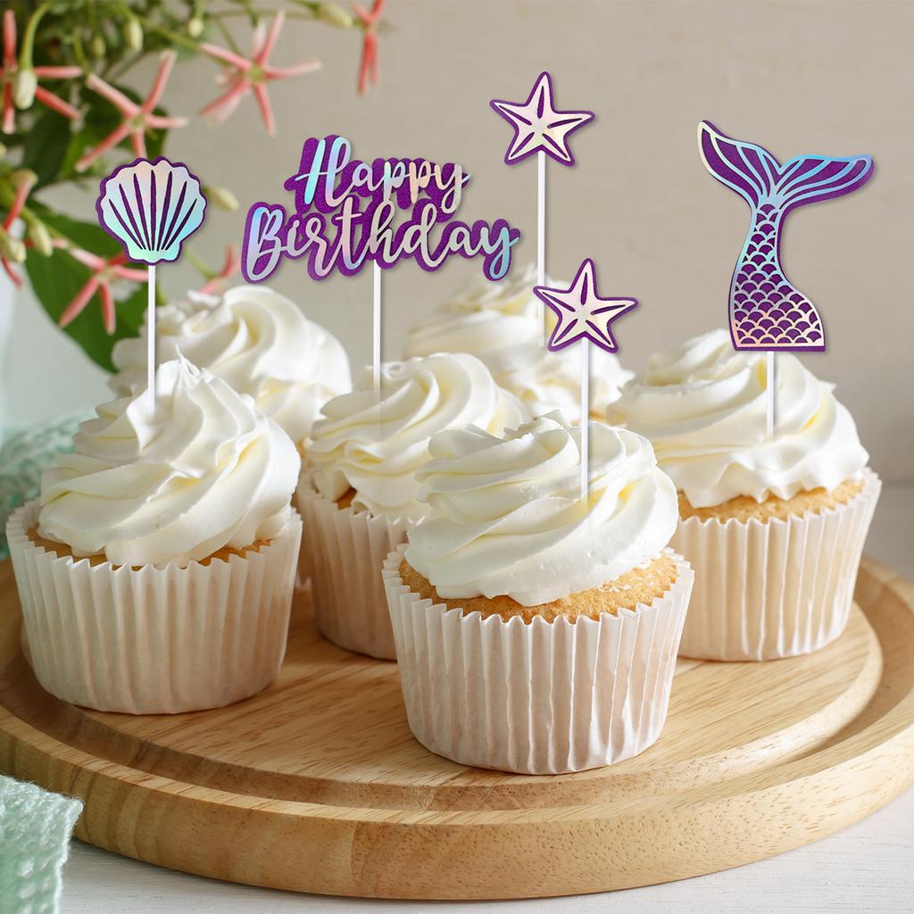 Glitter Mermaid Cake Topper Mermaid Tail Shell Happy Birthday Cupcake Topper For Birthday Dessert Cake Decoration Under the Sea
