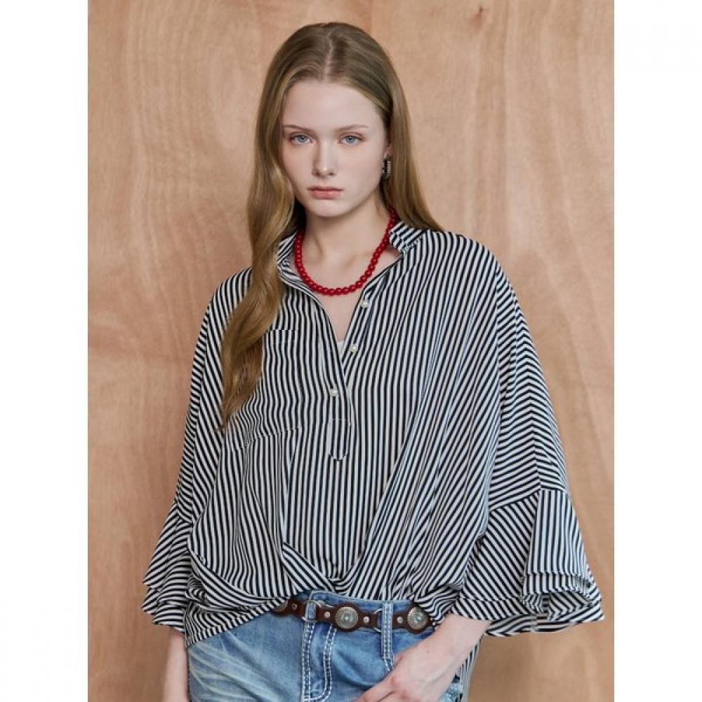Maxza Stripe Pintuck Ruffle Sleeve Loose Fit Blouse Zd06qb500on