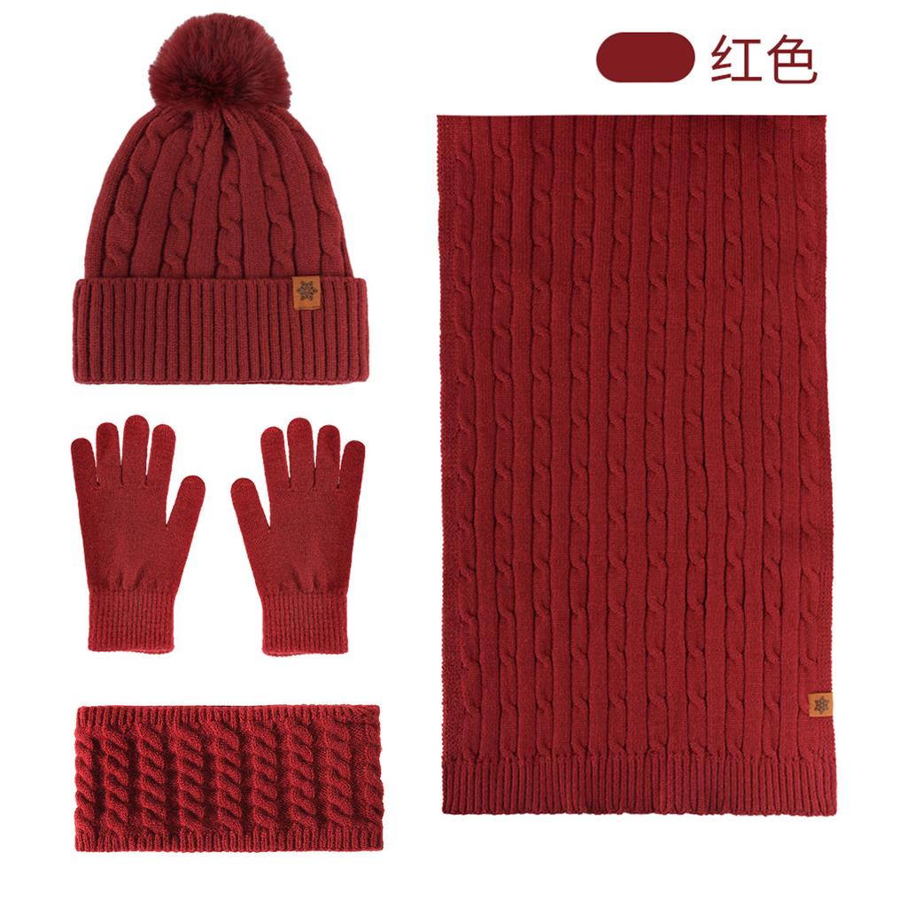 Autumn and Winter Knitted Hat, Scarf, Touch Screen Gloves, Headband, Four-piece Set, Double-layer Velvet Thermal Knitted Hat.
