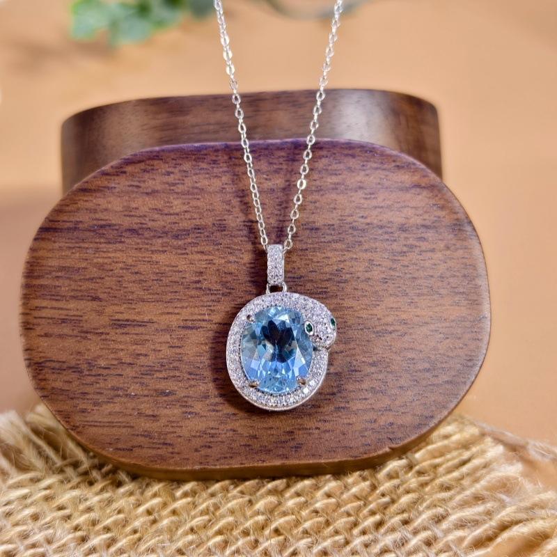 Women's 925 Sterling Silver Oval Necklace, Pave Setting Natural Topaz Crystal Pendant, Elegant Luxury Jewelry
