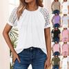 Summer New Solid Color Round Neck T-shirt with Lace Splicing and Hollow-out Design for Women