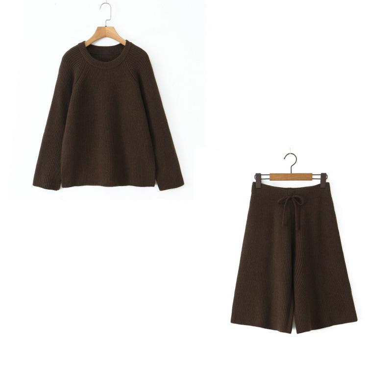 

European & American Women s Fashion Casual Versatile Two-Piece Set: Pullover Sweater & Shorts One Size темно-коричневого