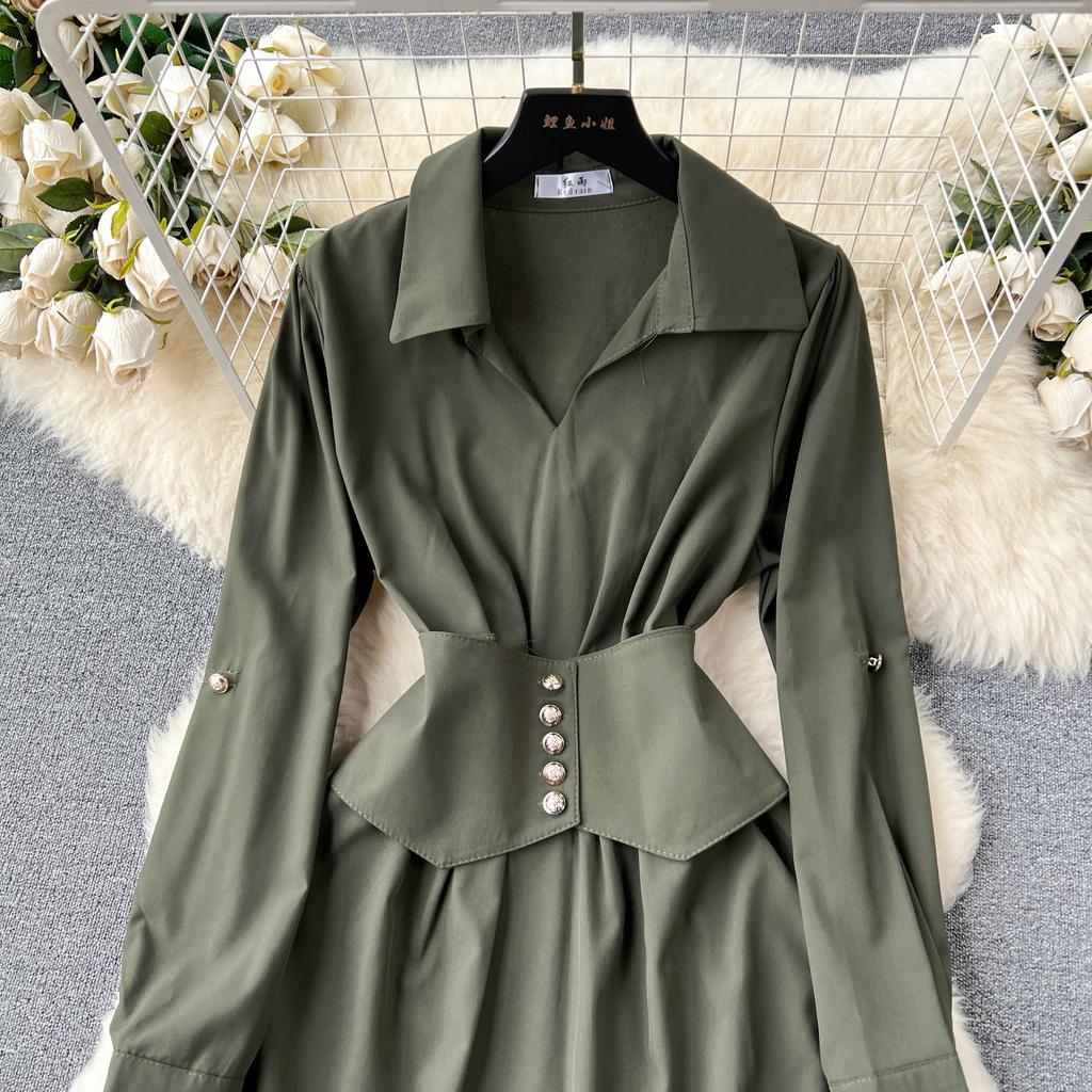 Aibeautyer nuevo Vintage Primavera Verano sólido ajustado botón vestido completo de señora una línea cuello vuelto gasa pulóver vestidos de mujer