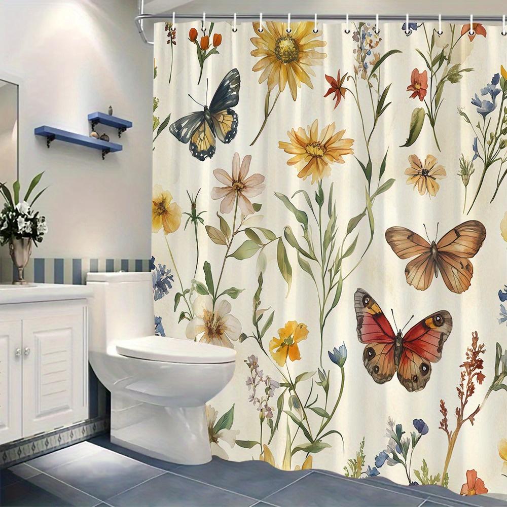 1 Blumiger Schmetterlings-Duschvorhang - Aquarell-Badezimmerdeko mit Gänseblümchen, Lilien, Haken im Lieferumfang enthalten, Maschinenwaschbares Polyester